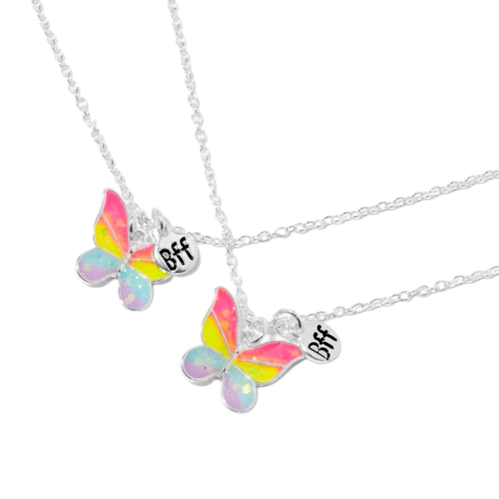 2-Pack Best Friends Glow In The Dark Rainbow Butterfly Pendant Necklaces - NWT
